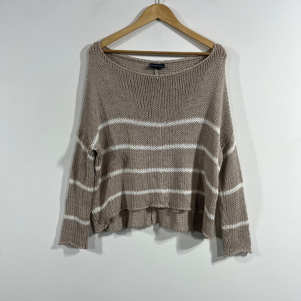 Wooden Ships Fisherman Striped Boho Open Knit Oversized Boat Neck Sweater XS S